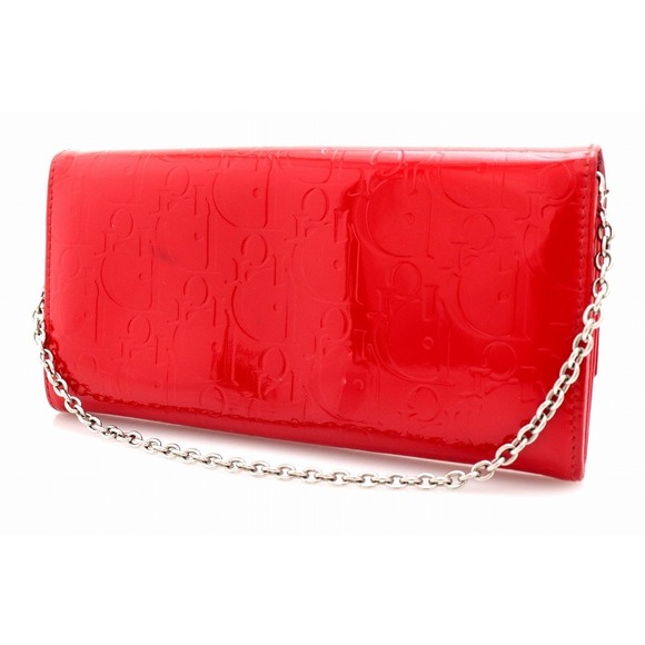 Dior Christian Wallet Trotter  Enamel Leather  Chain Lady Red - Picture 1 of 9